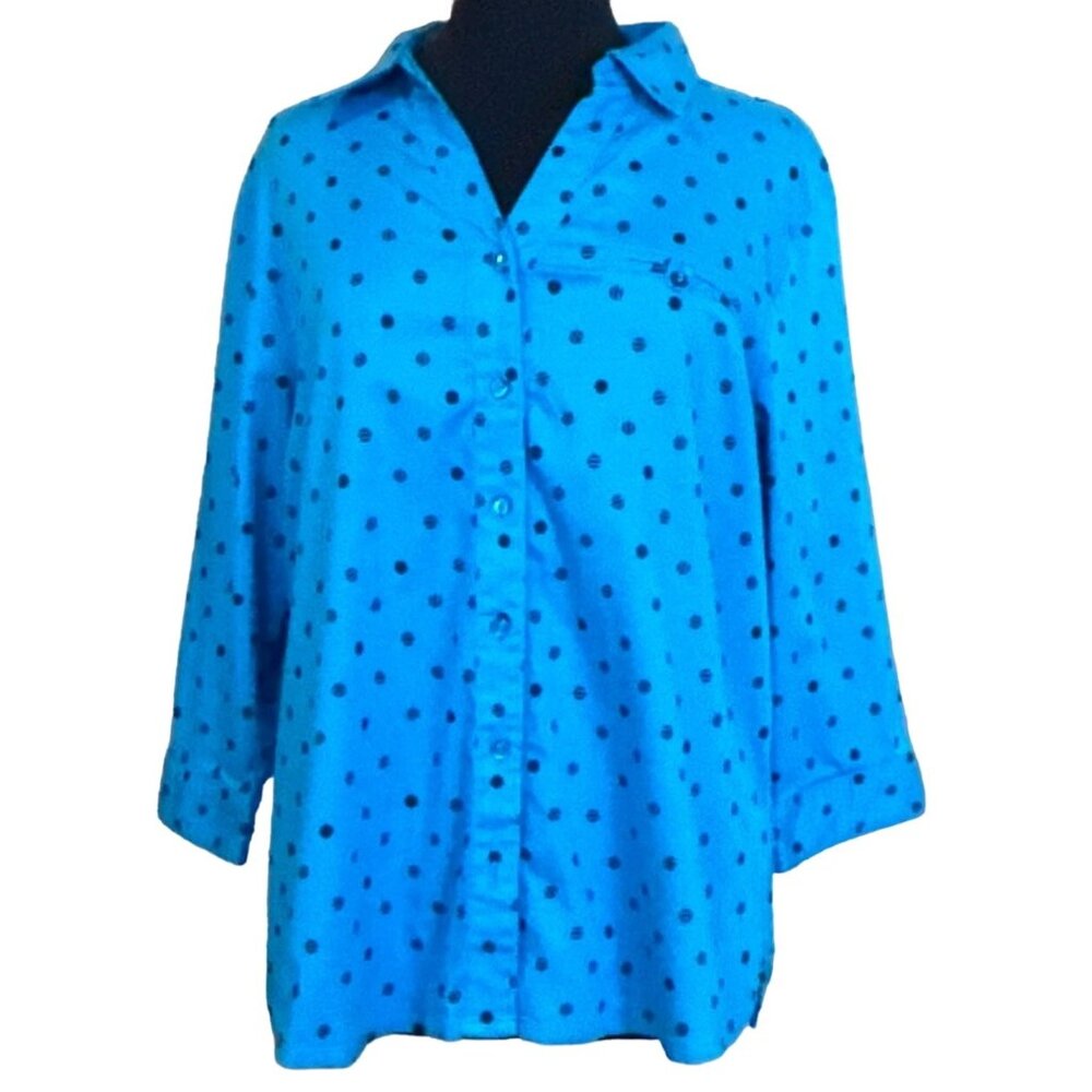 Allison Daley Women Blue Polka Dot Button-Down Blouse Women's Size 14W (READ)